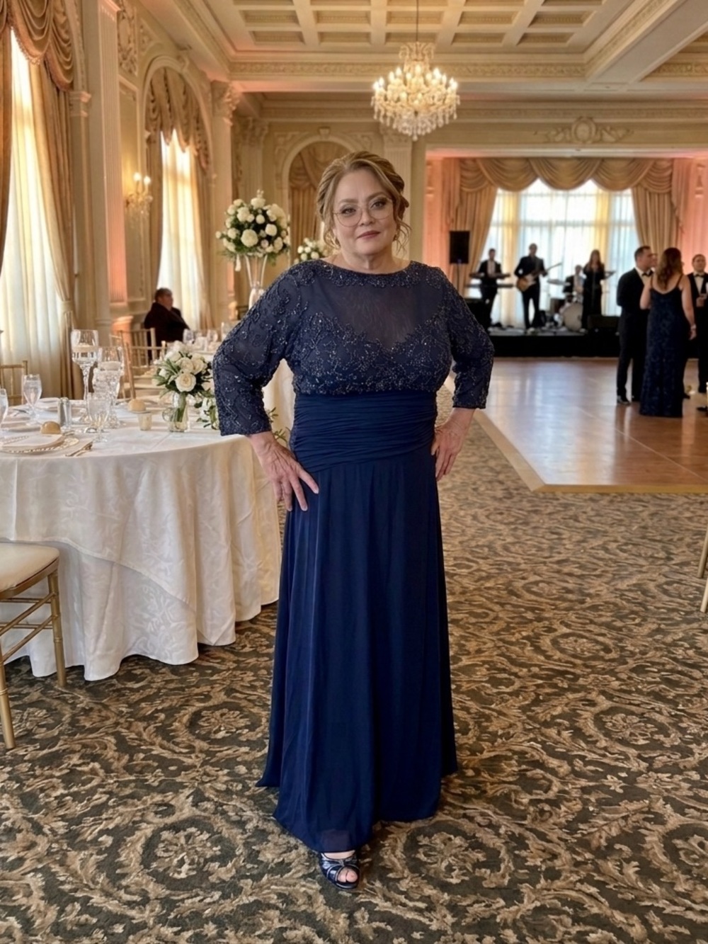 Beaded Navy Long Sleeve Evening Dress